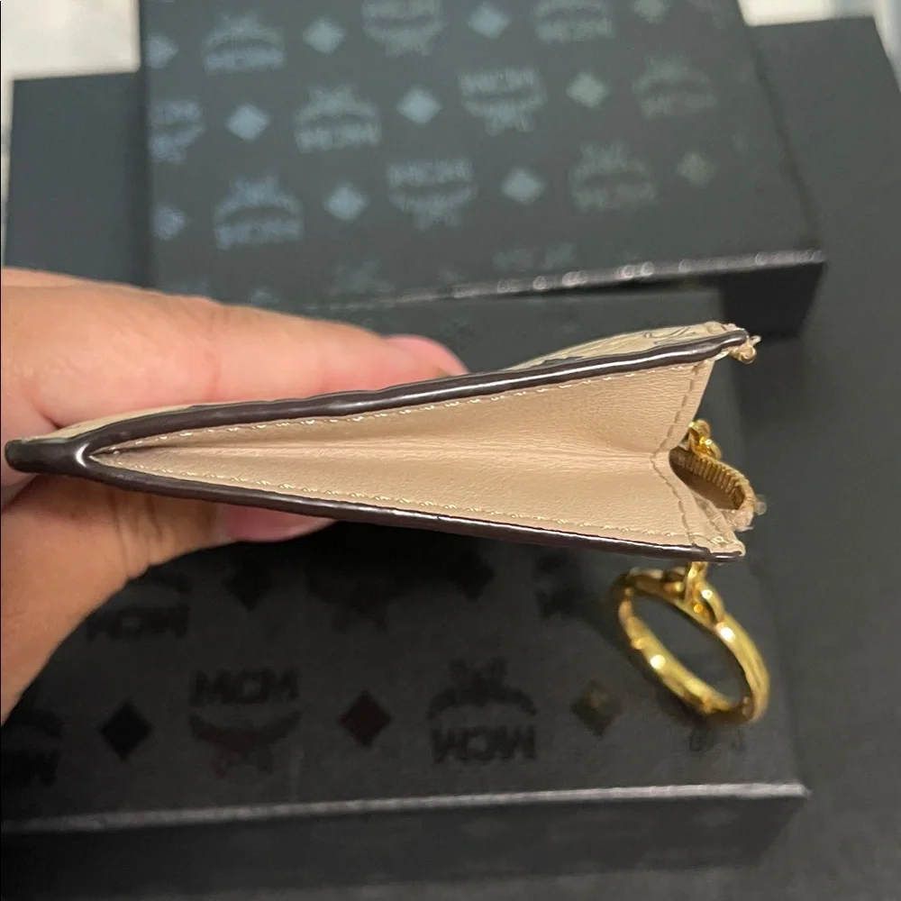 MCM Tan Monogram Key Holder with Gold Chain
